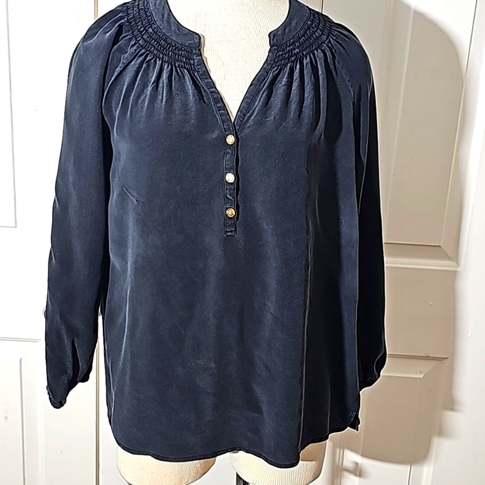 Lilly Pulitzer black Fadded silk blouse. V neck. Size medium..